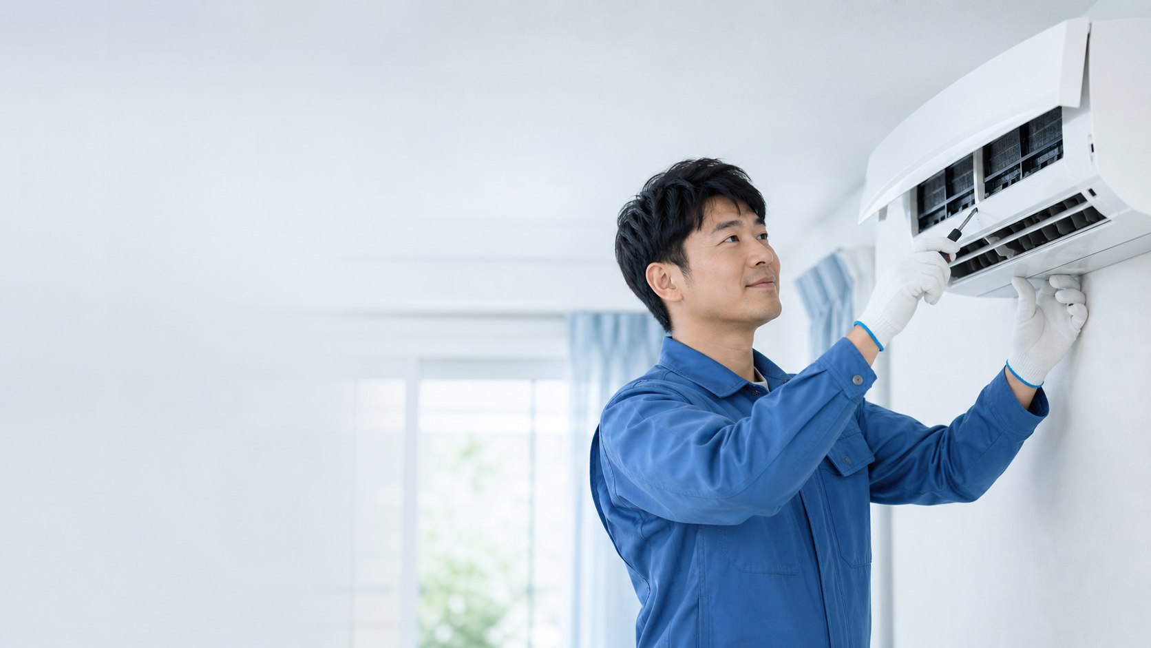 室内エアコンを点検する清潔感のあるつむぐ屋スタッフ