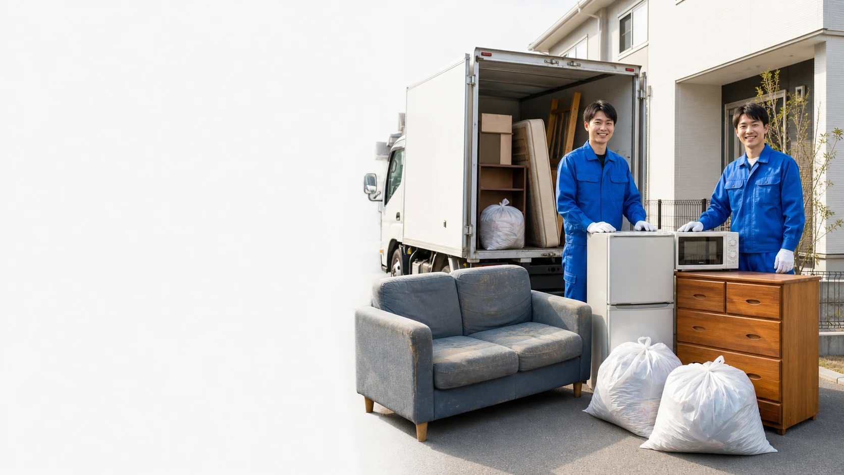 回収トラックと不用品の家具・家電を確認するつむぐ屋スタッフ