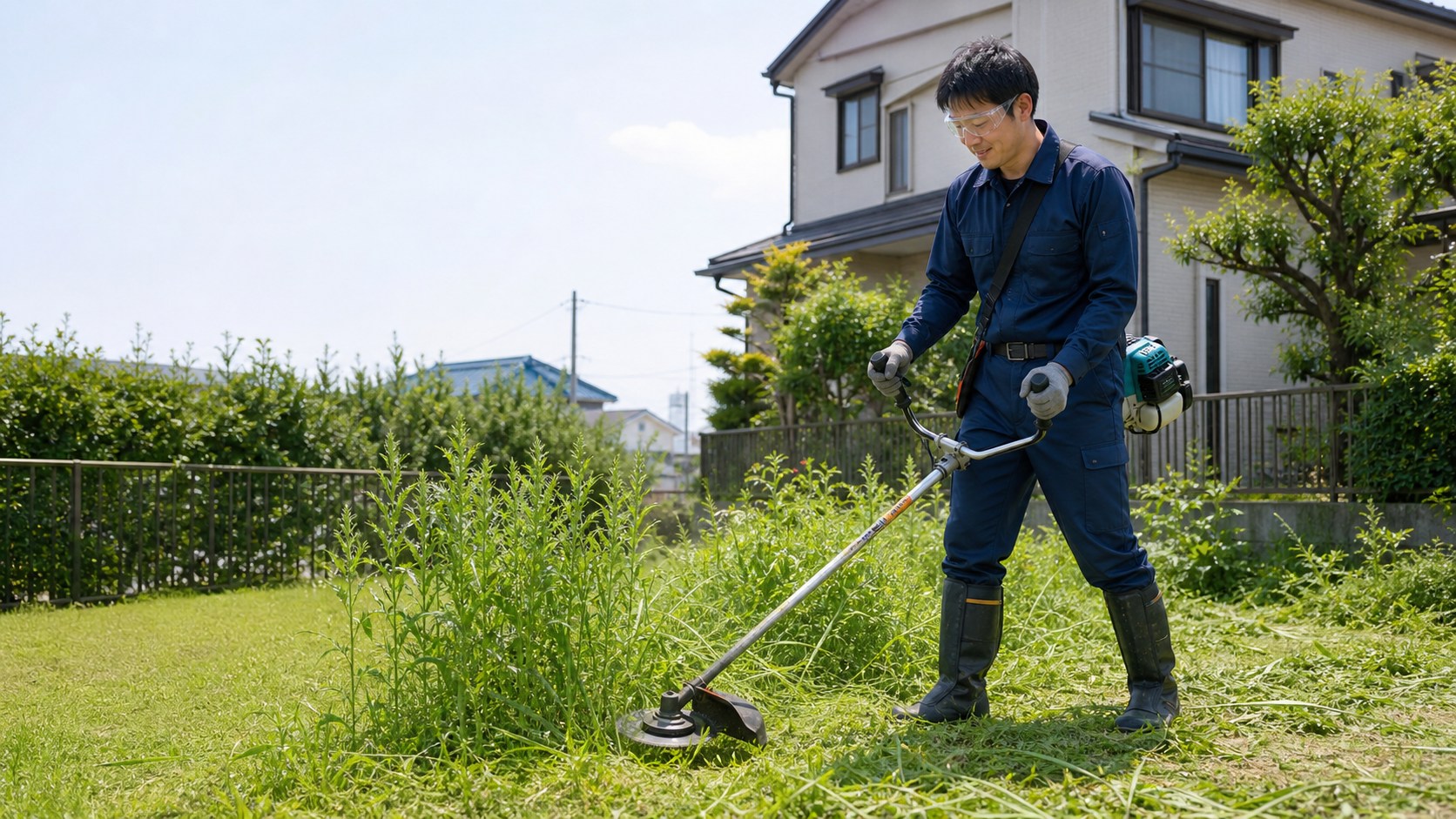 住宅の庭で草刈機を使って雑草を刈る作業スタッフ