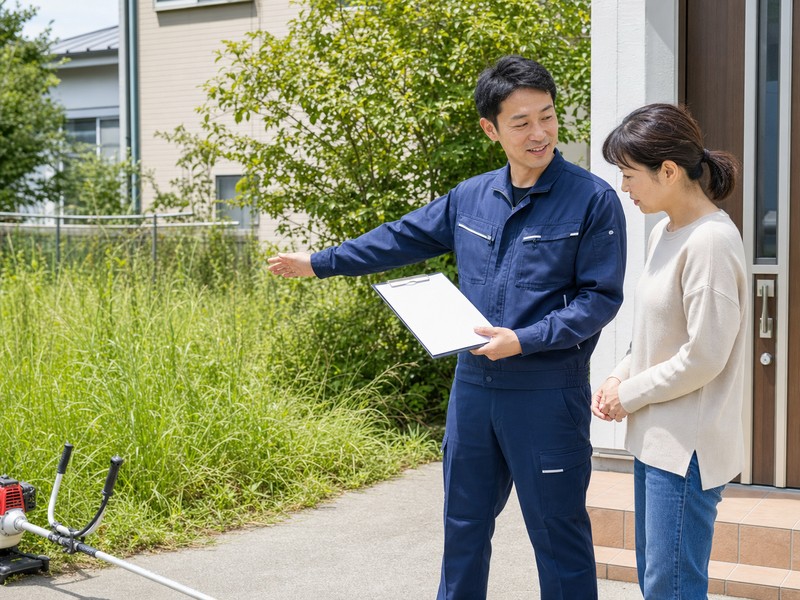 玄関先で草刈りの作業範囲と見積もりを確認するスタッフと依頼者