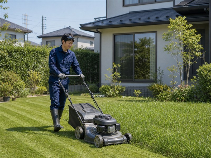 住宅庭の芝刈り作業