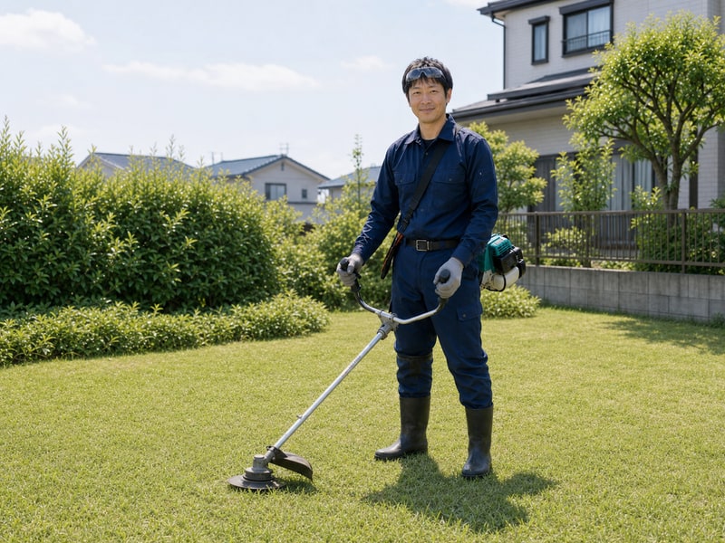 草刈り用の保護具を着用し、中央やや右に立つ清潔感のある屋外作業スタッフ