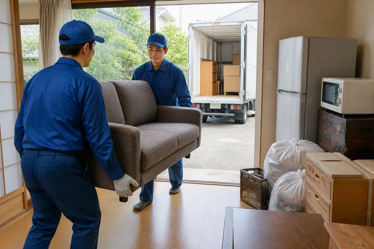 家具や家電を室内から回収トラックへ搬出するスタッフ